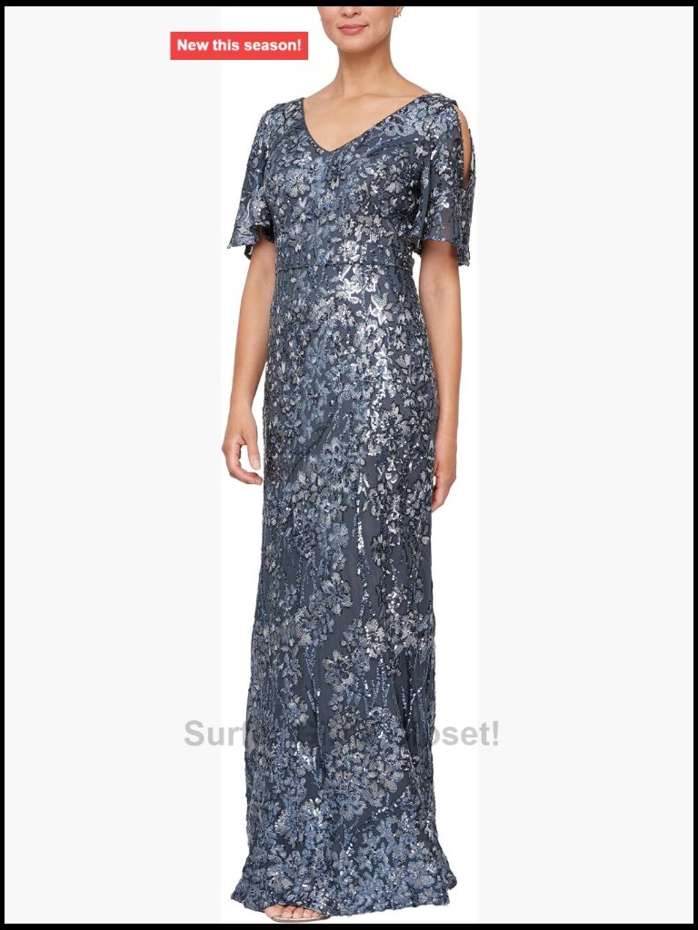 Long Sequin Mother of Bride Dress Cold Shoulder Flutter Sleeves Petite